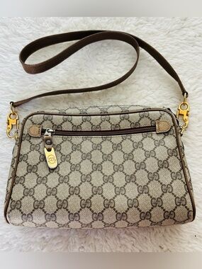 Gucci Vintage Sherry Line PVC GG Logo Brown/Beige Leather Small Shoulder Bag